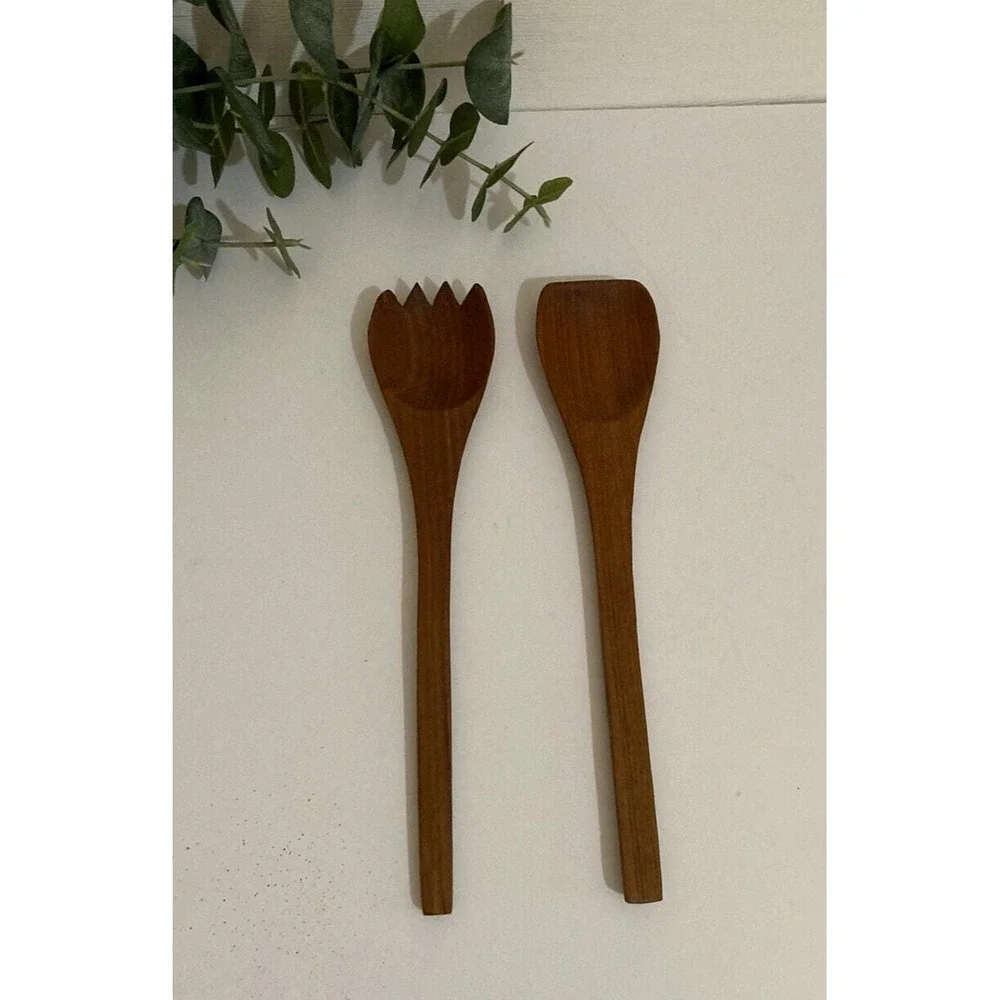 Vtg Teak Wood Salad Serving Set Spoon and Fork Salad Utensils MCM